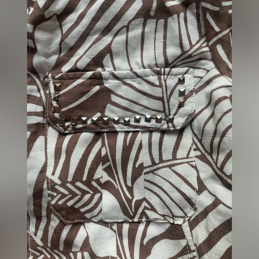 Boston Proper Outlined Florals Print Embellished Linen Utility Jacket Safari - Picture 8 of 15